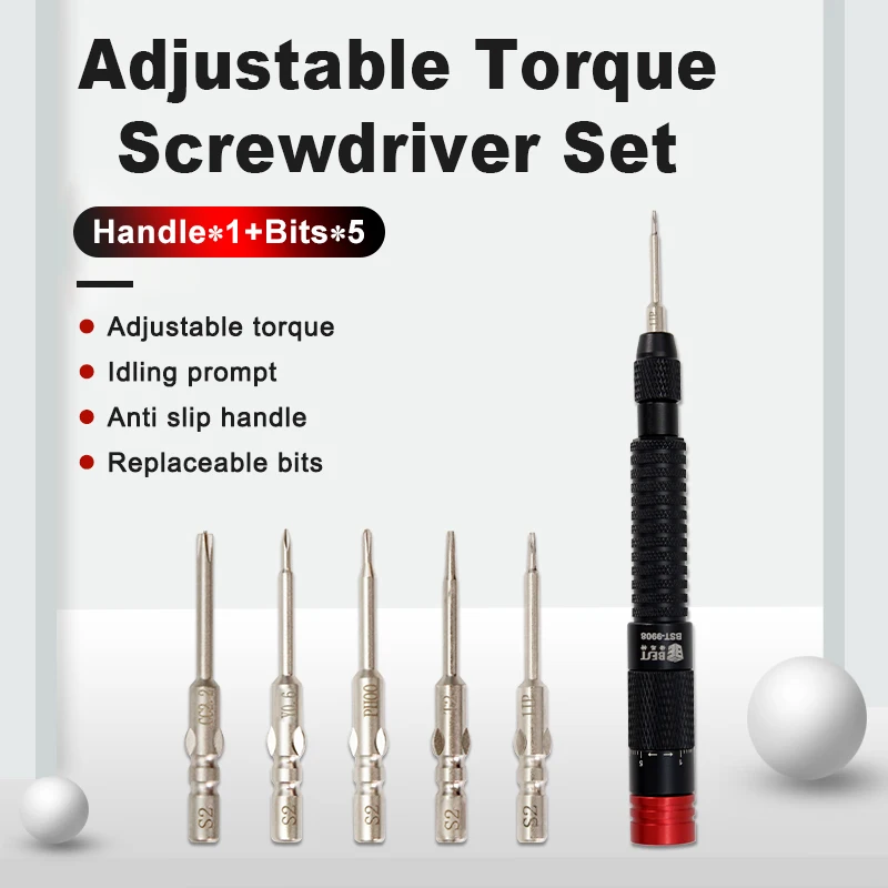 BST-9908 Adjustable Torque Screwdriver Set 1Pcs Anti Slip Handle +5Pcs Replaceable S2 Bits for Repair Various Electronics