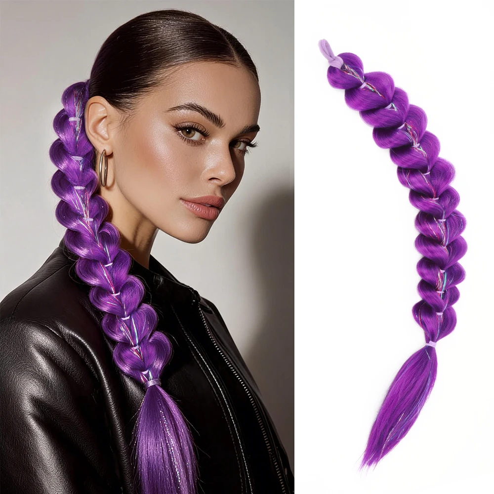26Inch Synthetic Bubble Braid Flash laser Ponytail Extension with Elastic Rubber Band Long Braided Hairpiece for Women