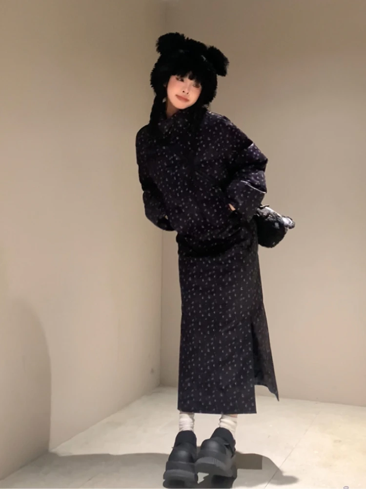 2024 Spring New Kawaii 2 Piece Skirt Sets Women Casual Cute Floral Loose Winter Coat + Y2k Sweet Skirt Famale Fashion Skirt Suit
