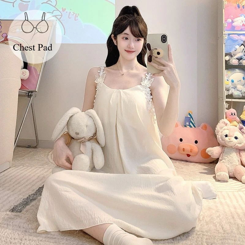 M-5XL Women Korean Pajamas Princess Style Sling Nightgown with Corset Plus Size Solid Summer Loose Sleep Dress Outside Home Wear