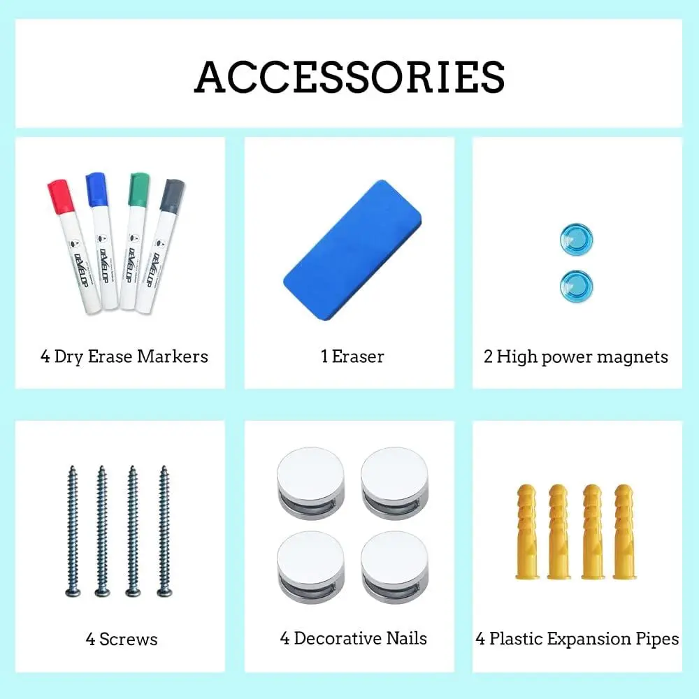 سبورة بيضاء زجاجية مغناطيسية بإطار من الألومنيوم، 36 × 24، مع صينية وأقلام تحديد وممحاة ومغناطيس