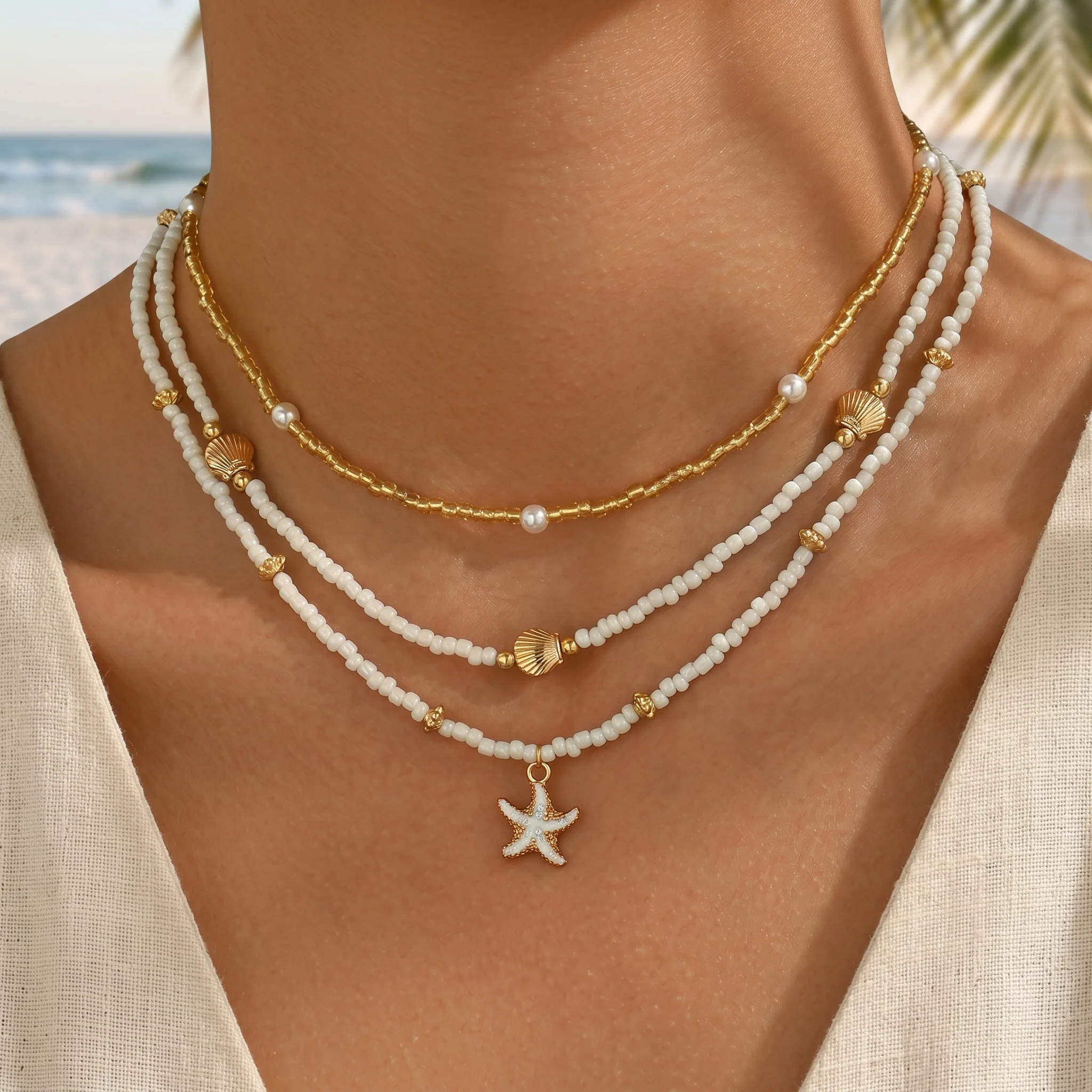 Bohemian Handmade Beaded Stacked Choker Starfish Shell Pendant Necklace Women Beach Vacation Adjustable Jewelry