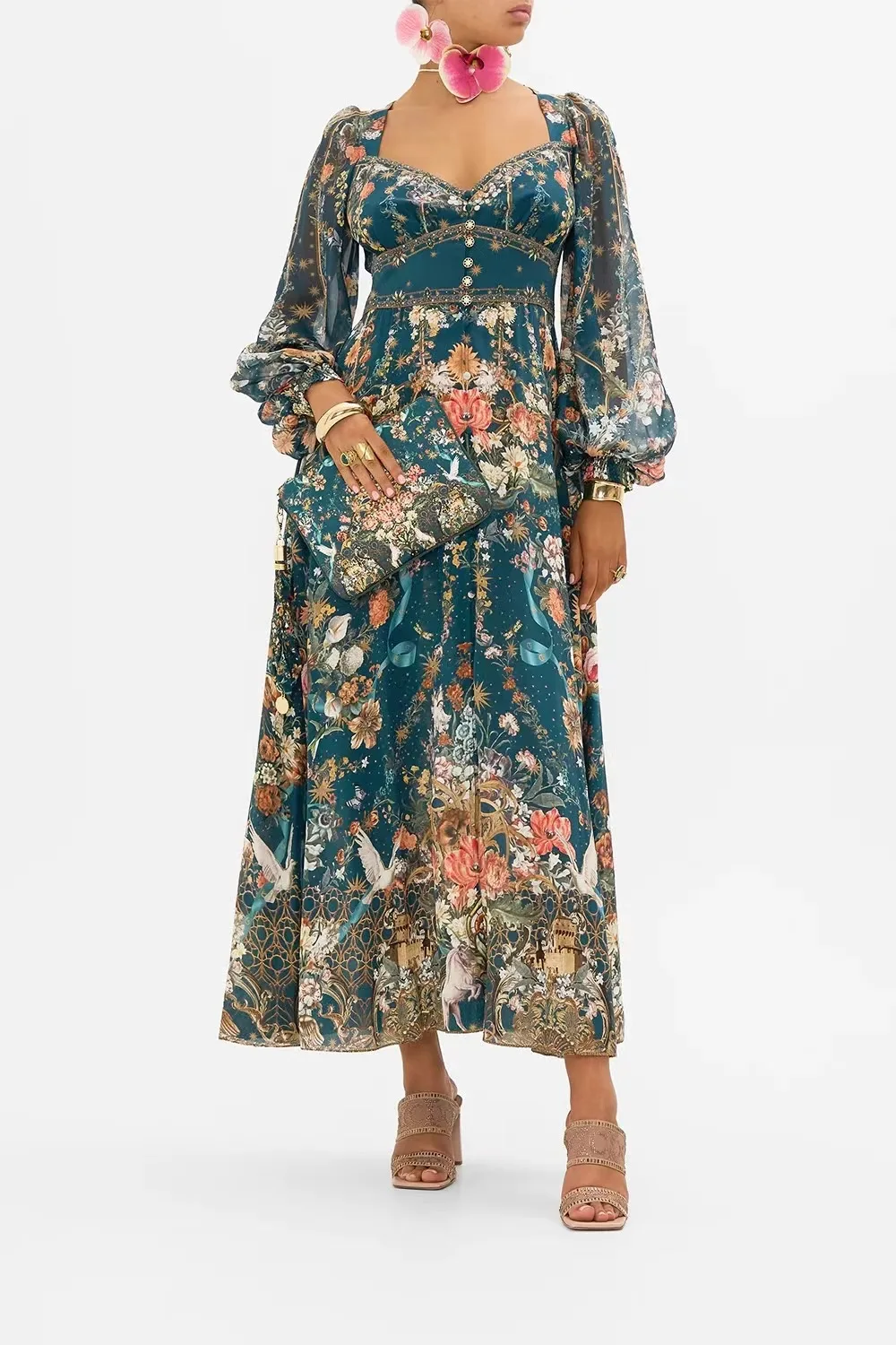 Women Sweetheart Neck Lantern Sleeve Silk Flower Print Long Dress