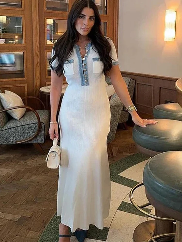

FSMG Fashion Cowboy Splicing Knitted Slim Long Skirt Elegant V-Neck High Waist Short Sleeve Single Breasted Dresses Lady Vestido