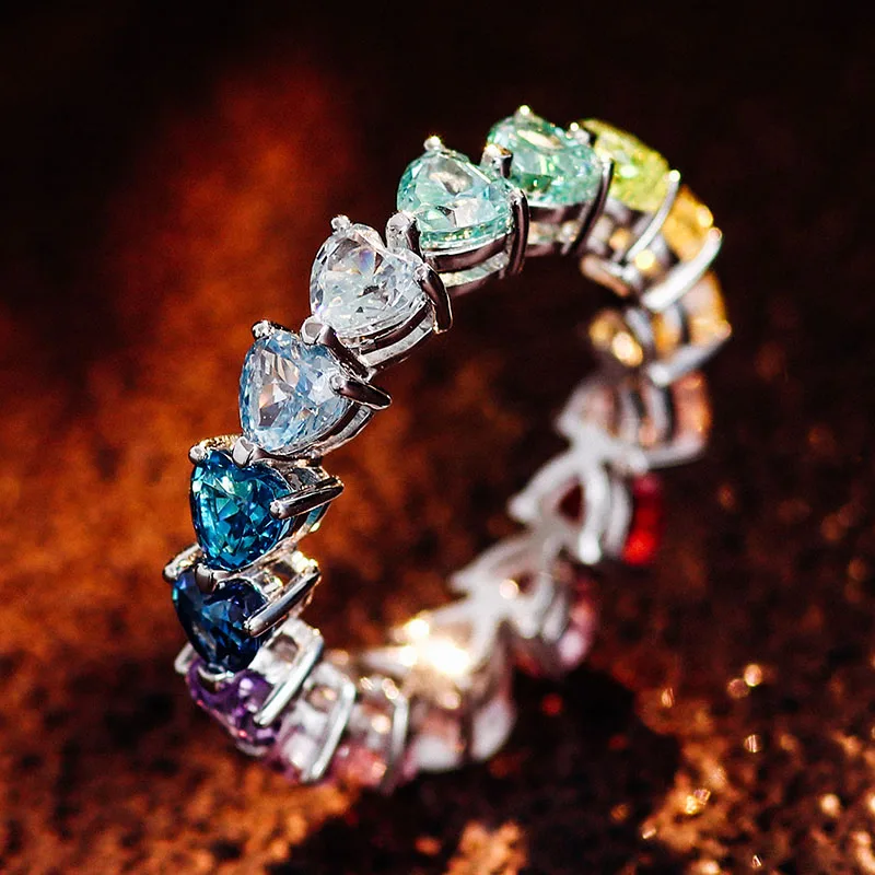 

Provence gemstone 10K white gold eternity band heart colorful lab sapphire ruby emerald wedding ring stack fancy ring custom