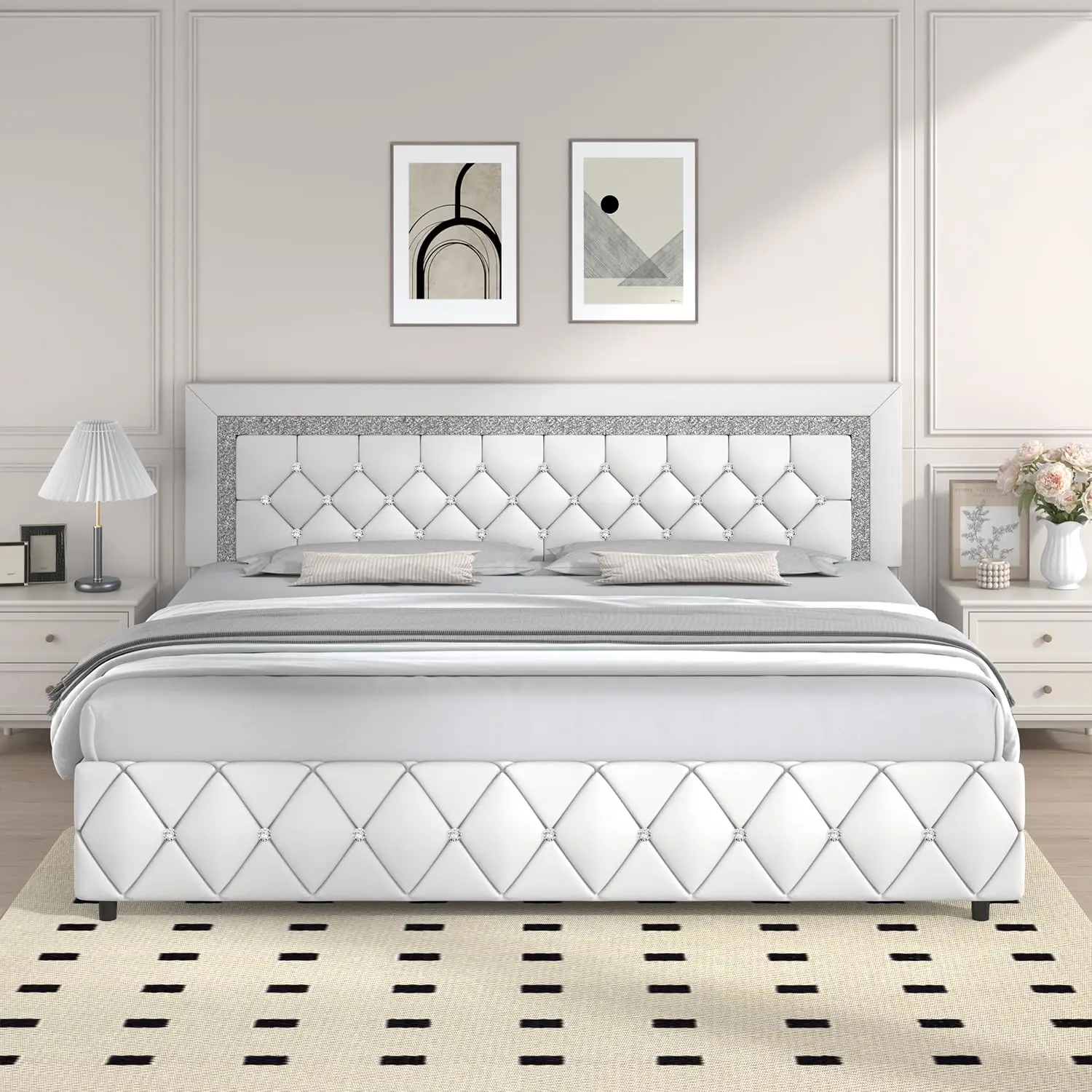 King Bed Frame, Faux Leather Platform Bed with Upholstered Diamond Headboard, Mattress Foundation with Strong, Customized view 2