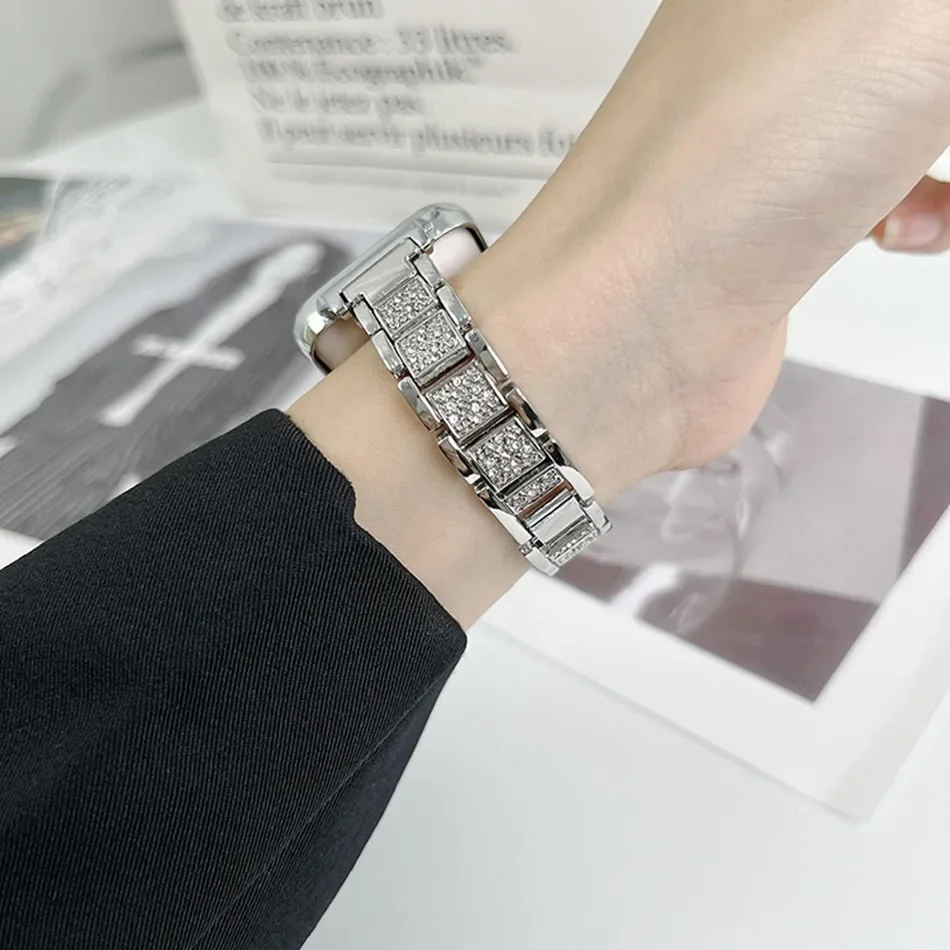 สายรัดข้อมือสำหรับวง Xiaomi Mi 7 สายนาฬิกา Pro พร้อมเคสโลหะหรูหรากลิตเตอร์เพชรสร้อยข้อมือสแตนเลสสำหรับ Miband 7 Pro