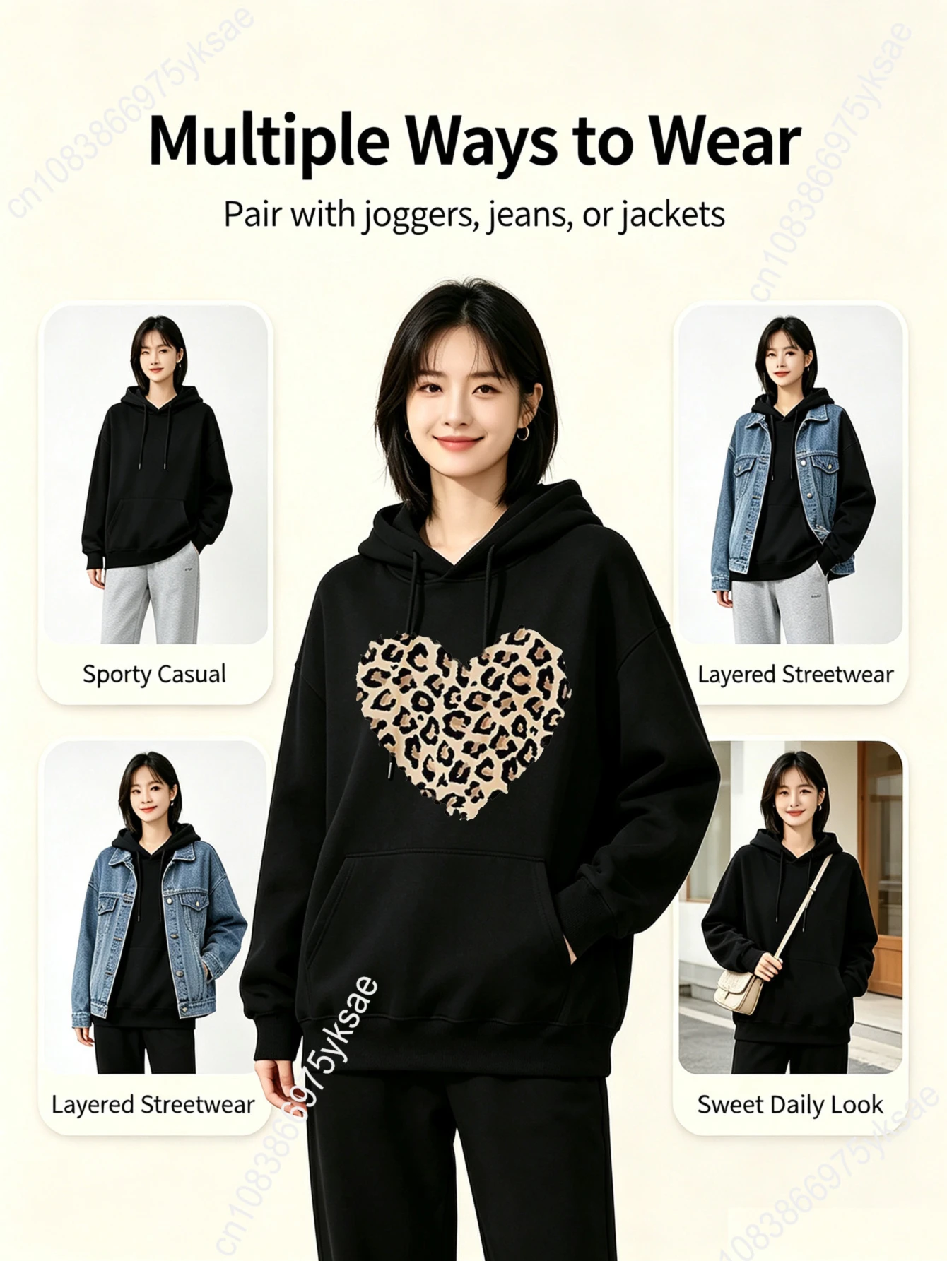 Trendy Oversized Pullover Hoodie Halloween Leopard Heart Print Autumn Winter Street Wear Daily Lounge Wear Fashion Sweatshirt
