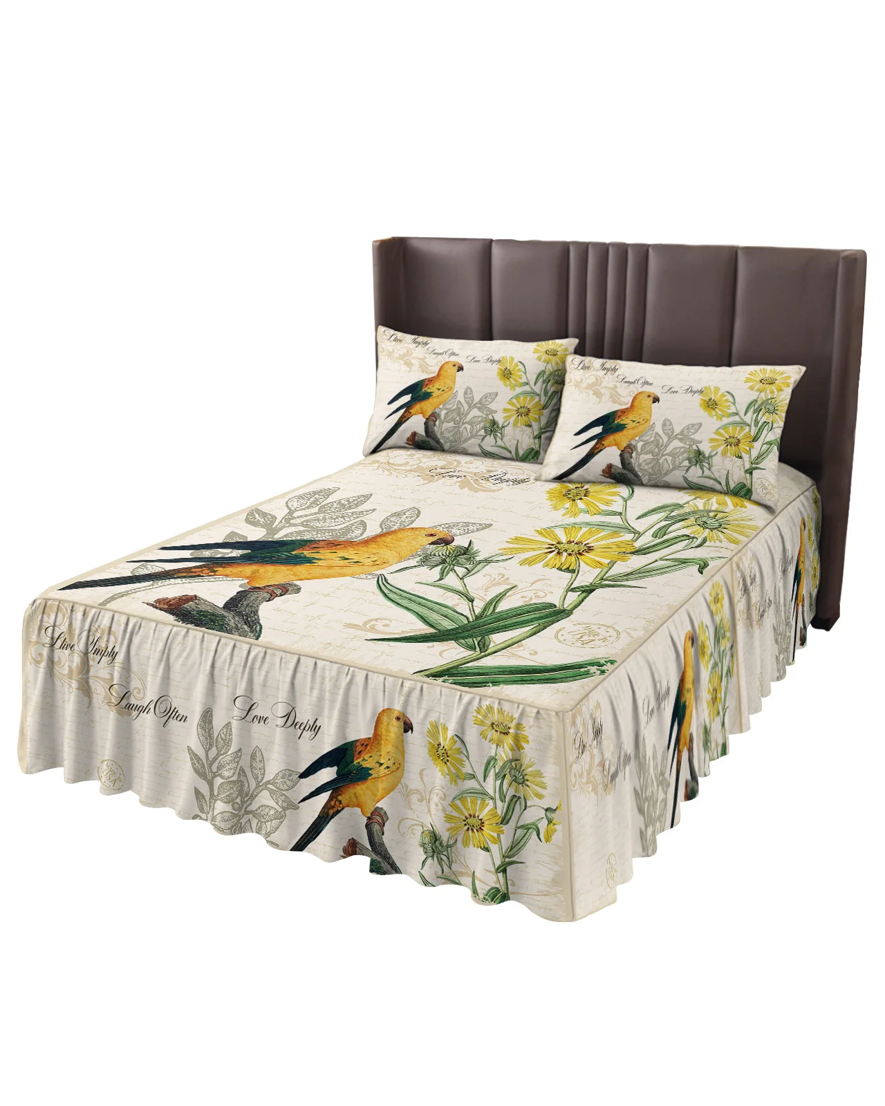 Yellow Parrot Sunflower Retro Bed Skirt Elastic Fitted Bedspread With Pillowcases Mattress Cover Bedding Set Bed Sheet