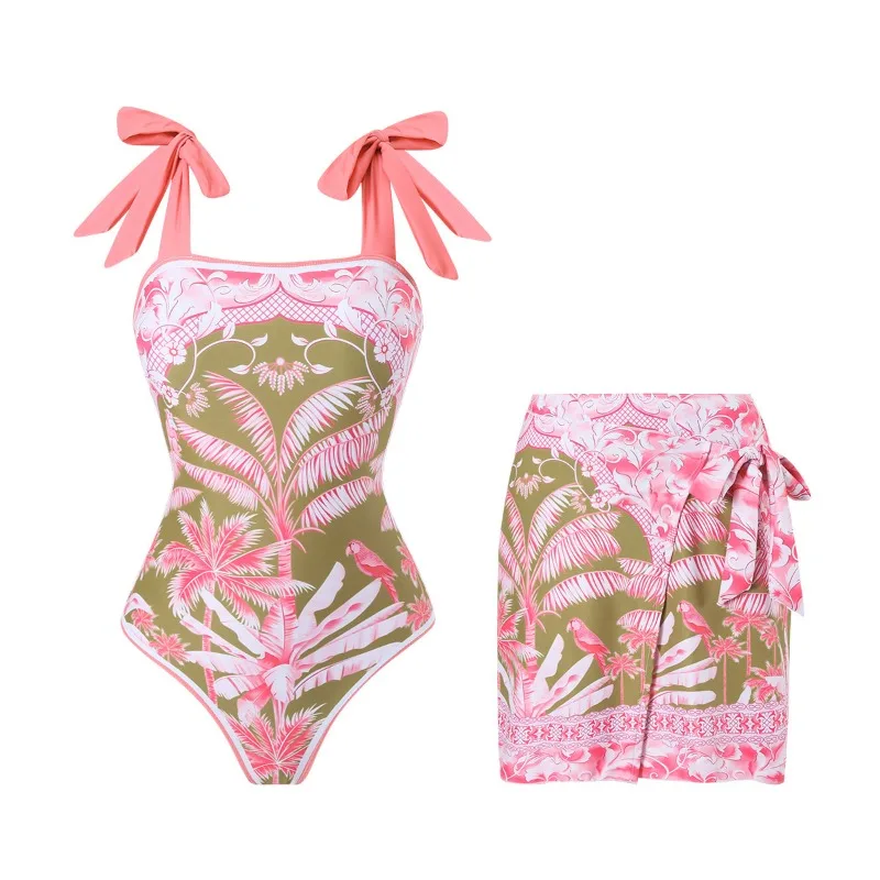 

Летние женские сексуальные облегающие бикини-комплекты, цельный купальник с юбкой, модный пляжный купальный костюм с принтом, повседневная женская пляжная одежда