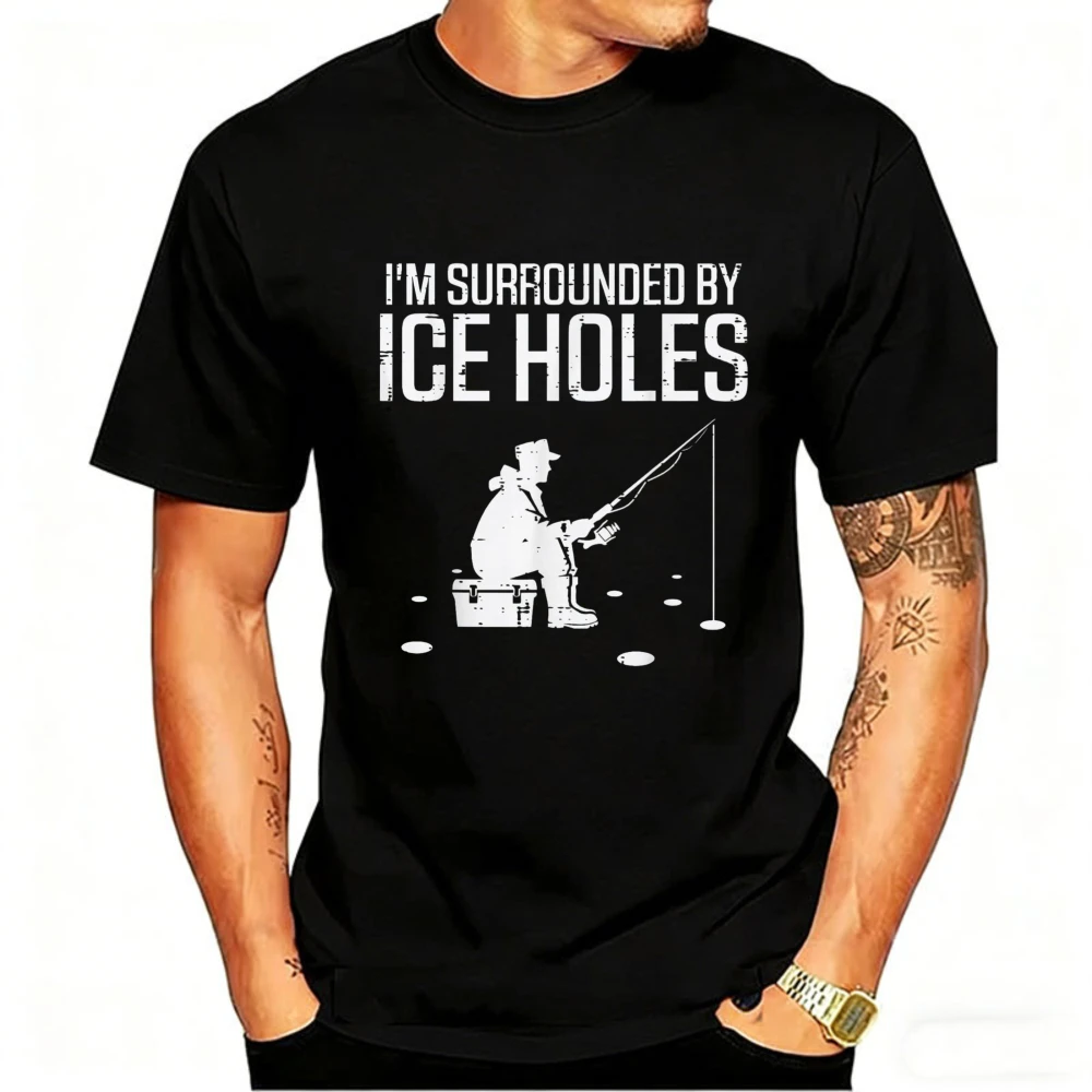 I'm Surrounded By Ice Holes Funny Ice Fishing T-Shirt Men Distressed Graphic Tee Short Sleeve Hat Fisherman Box Silhouette Tops