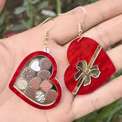 Glitter Acrylic Earrings for Women Red Love Heart Gift Box Chocolate Present Bow Knot Ear Ring Jewelry Valentine's Day Pendant
