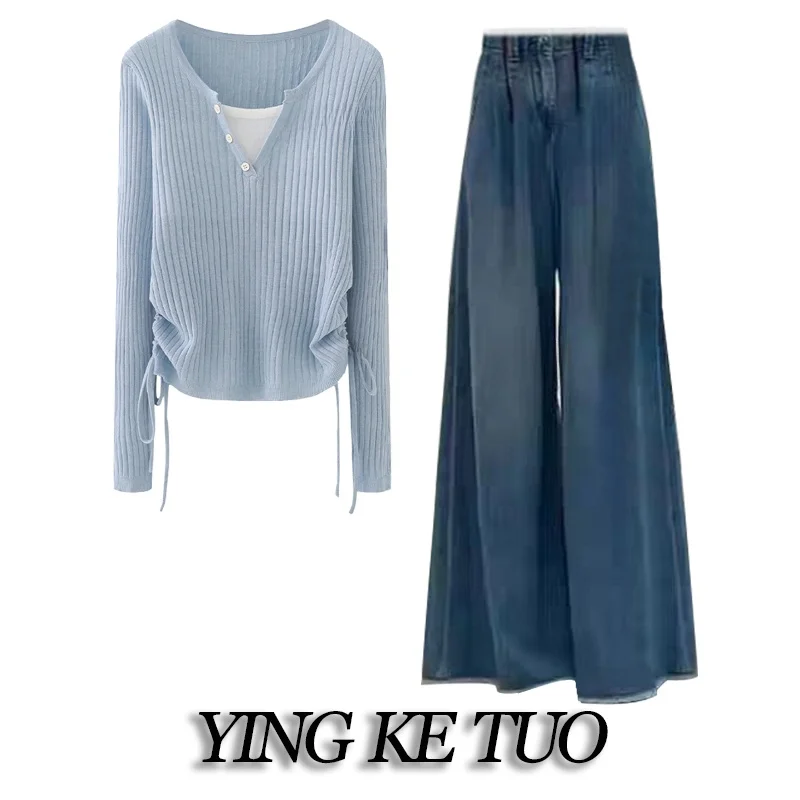 

Faionable V-Ne Splice Summer New Sle Dstring Top High Waist Wide Leg Micro Flare Jeans Design Sense Matching Set