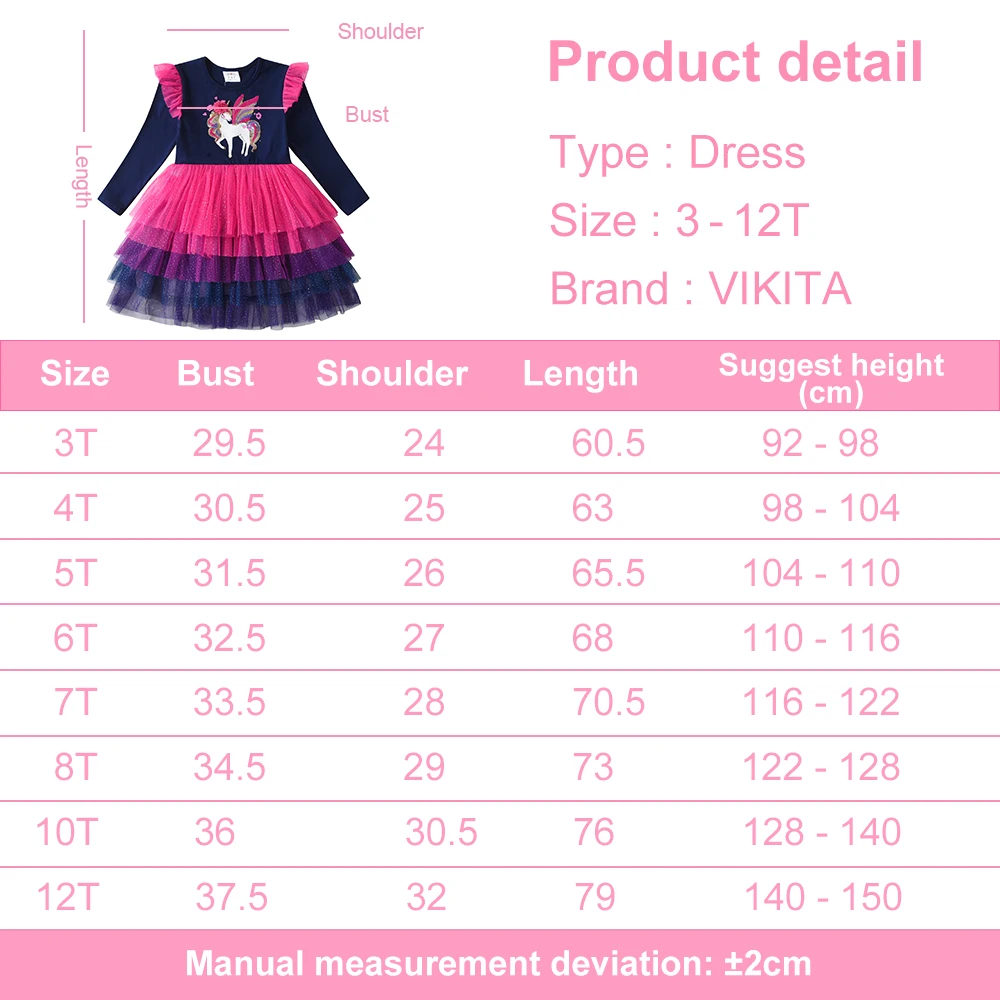 VIKITA Girls Flare Sleeve Autumn Dress Kids Licorne Sequined Appliqued Birthday Party Prom Gown Girls Princess Tutu Dresses