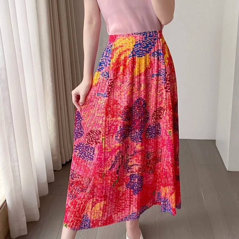 

Miyake Pleated Skirt 2026 Summer New Fashion Printed A-Line Large Hem Skirt Women Elastic Draped Wrinkle-Free Flowing Long Skirt