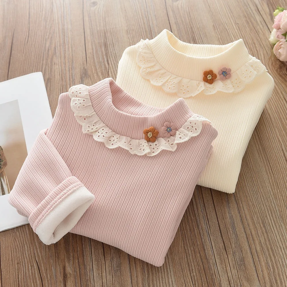 1pcs Children\'s T-Shirts Flower Decoration Velvet warm top Kids Half High Collar Long Sleeve Base Shirt Girls Tshirts Clothes