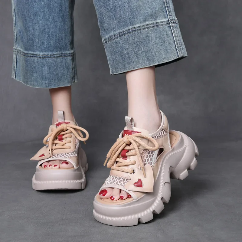 

Careaymade-7 см женские сандалии с воздушной сеткой, женская летняя обувь из натуральной коровьей кожи с открытым носком на платформе и танкетке, женская полая летняя обувь