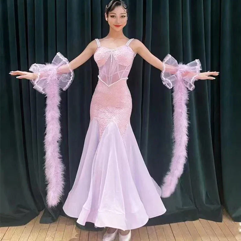 

2024 Ballroom Dance Competition Dress Women Girls Pearl Pink Green Long Dress Waltz Dance Performance Clothes Prom Wear DNV22023