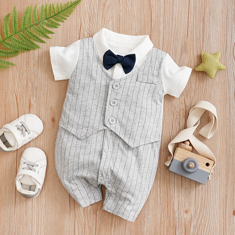 

Spring and summer newborn children's clothing, baby children's clothing, summer baby gentleman bow jumpsuit, short sleeved