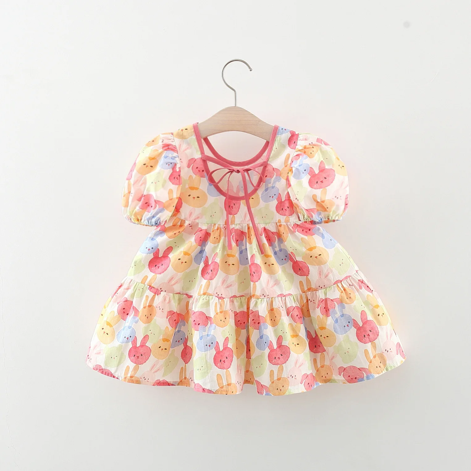 Newborn Children Baby New Summer Pure Cotton Dress Round Neck Bubble Sleeves Cute Little Rabbit Baby Princess Dress 0-3 Years