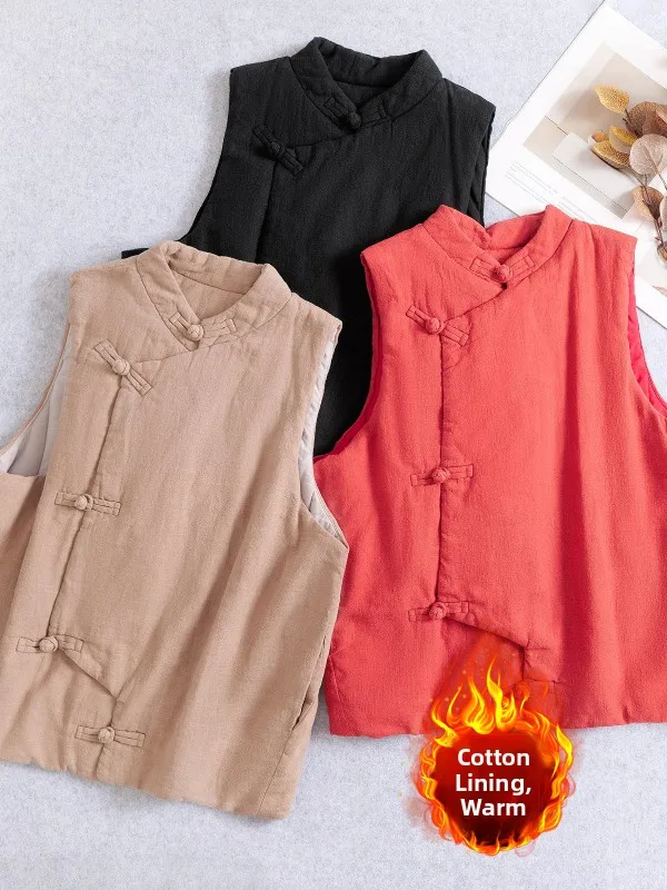 

Retro Pure Color Cotton Warm Vest Large Size Women's Clothing Button Stand Collar Svel Cotton Jaet oulder Pad Winter