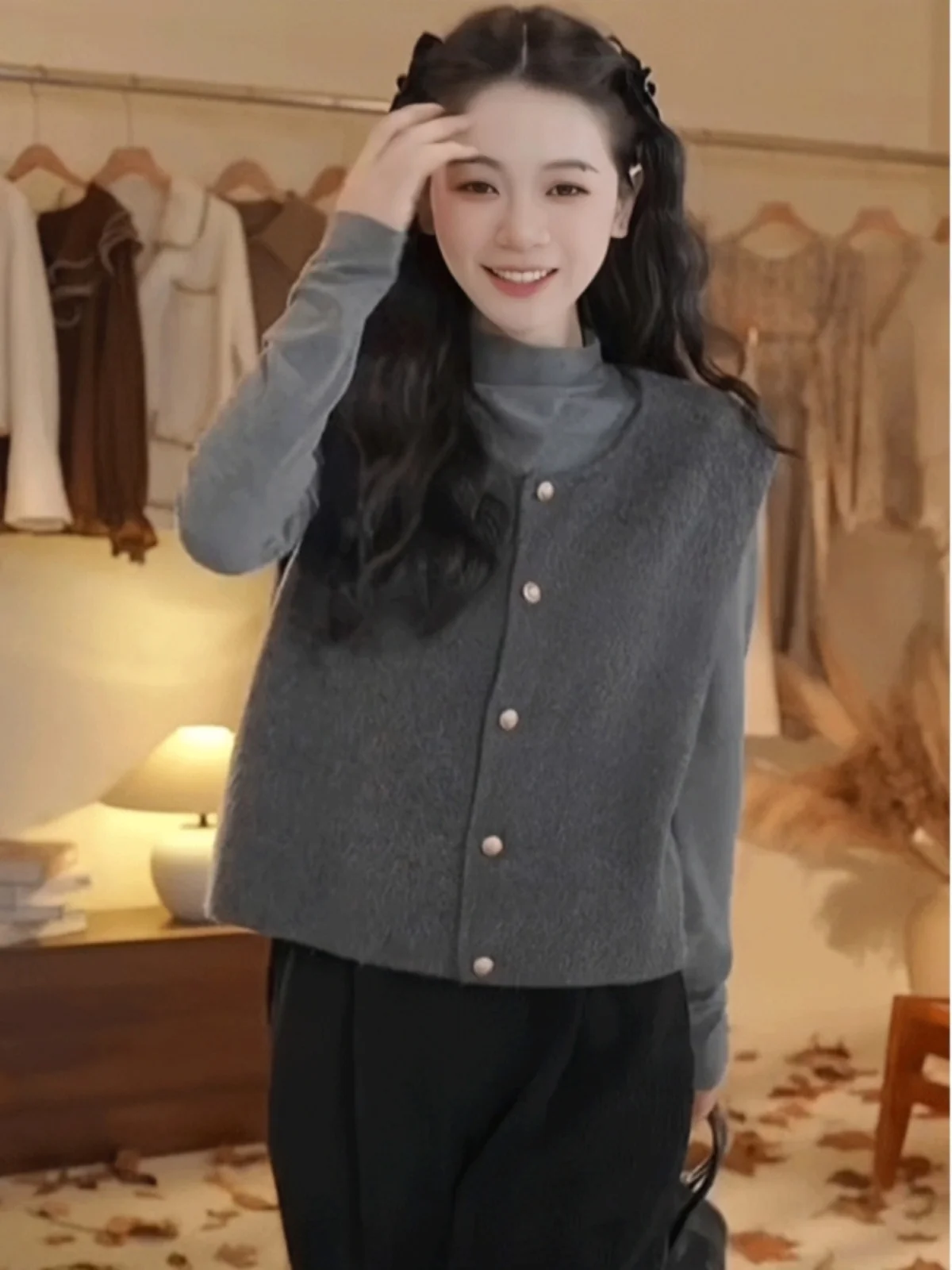 

Ele Knitted Vest Top Women's Faion Design Base Layer Winter Warm Cardigan Long Sve round Ne Button up Casual Sle