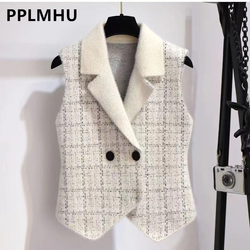 New Plaid Imitation Mink Vest Coats Women Slim Vintage Sleeveless Sweater Crop Tops Spring Fall Chic Knitted Waistcoats Outwear