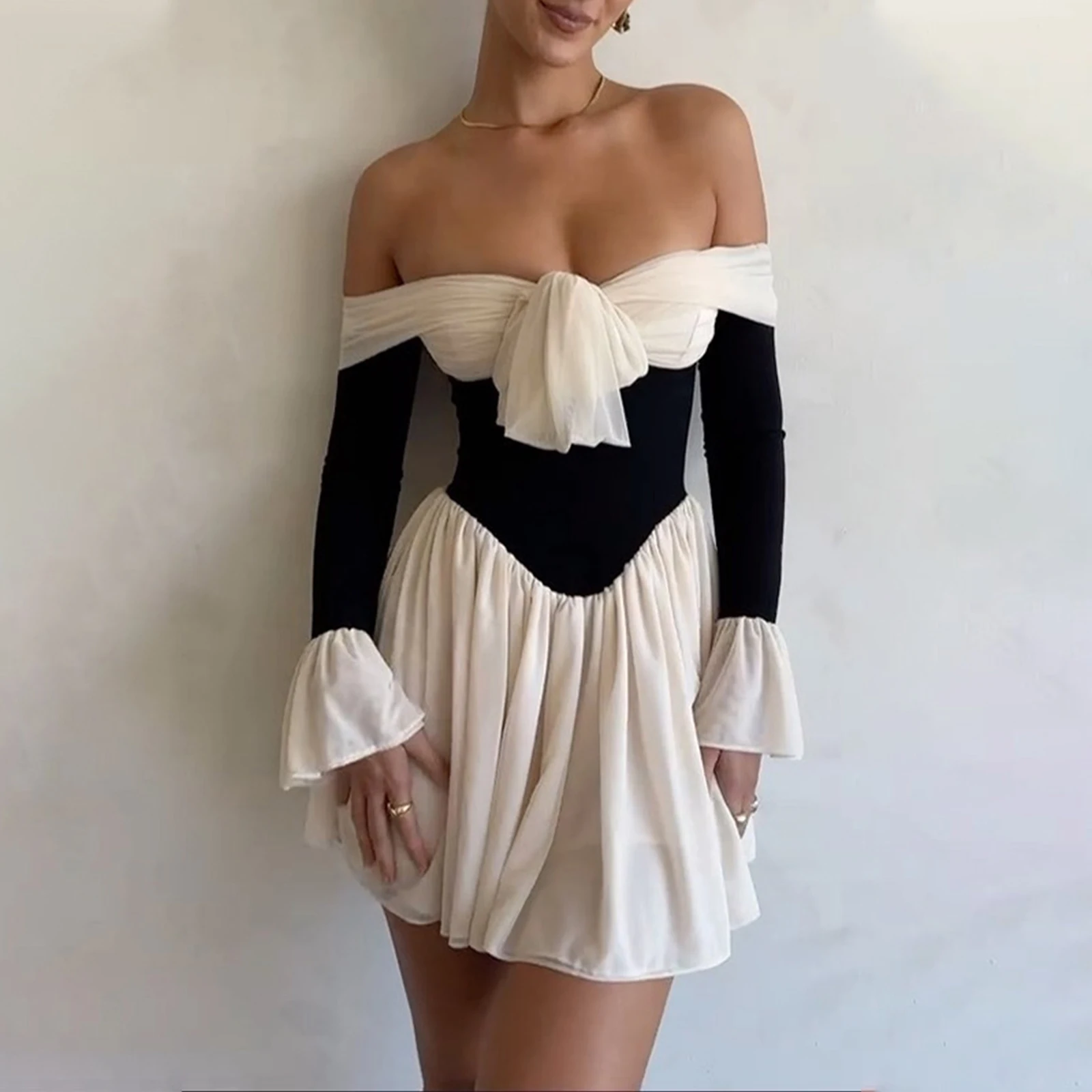 

Fashion Women's Off Shoulder Club Dresses Long Sleeve Sexy Spaghetti Strap Midi Dress Elegant Cocktail Party Dress