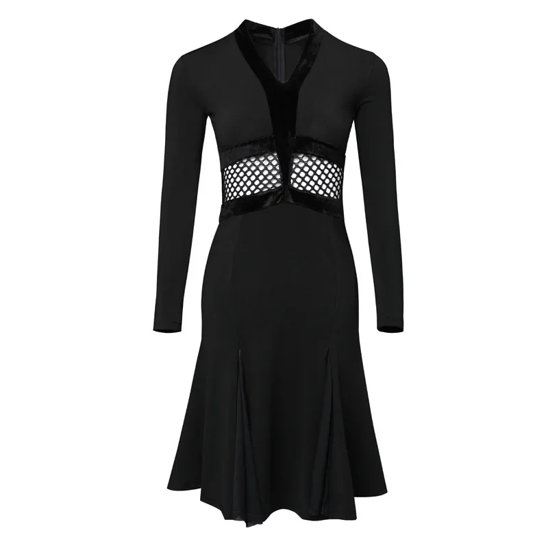 Robe de soirée à manches longues pour femmes, costume de performance de danse latine, maille noire sexy, col en V, pratique de la danse pour adultes