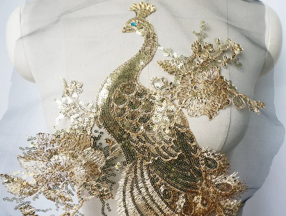 Gold Sequin Embroidered Peacock Birds Applique Lace Fabric Trimming Sewing Patch Wedding Gown Dress DIY Crafts