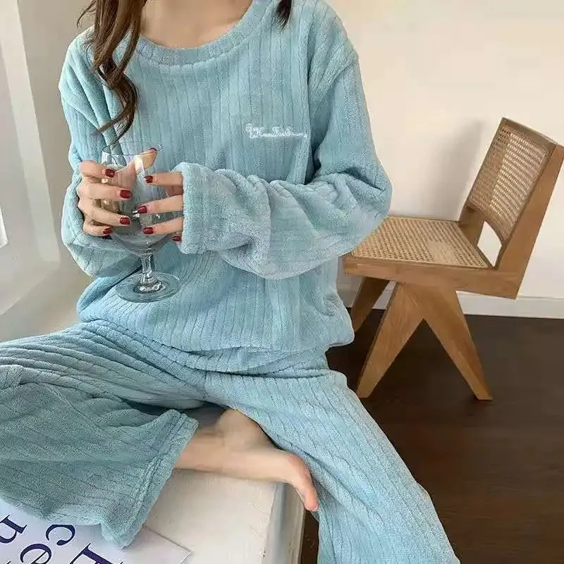 Dames koraalfluweel jacquard pyjamaset, zacht, warm, winterloungewear, comfortabel huispak voor Kerstmis, Valentijnsdag cadeau
