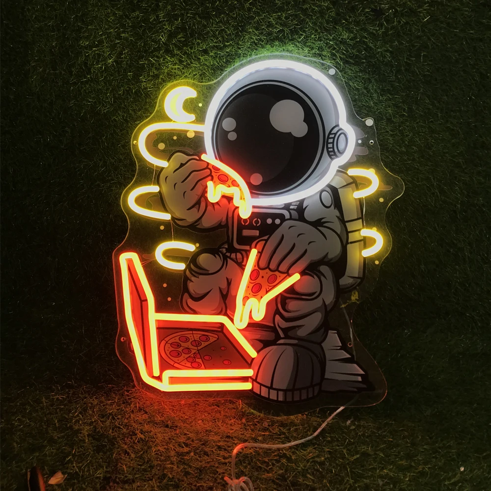 loja de pizza neon light sinal do astronauta spaceman eating pizza impressao uv art wall decor luz led 01