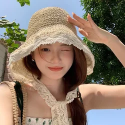 Lace Straw Hat Women Summer Sun Hats Woman  Wide Brim Straw Beach Side Cap Floppy Female Straw Hat Lace Solid Fringe Summer Cap