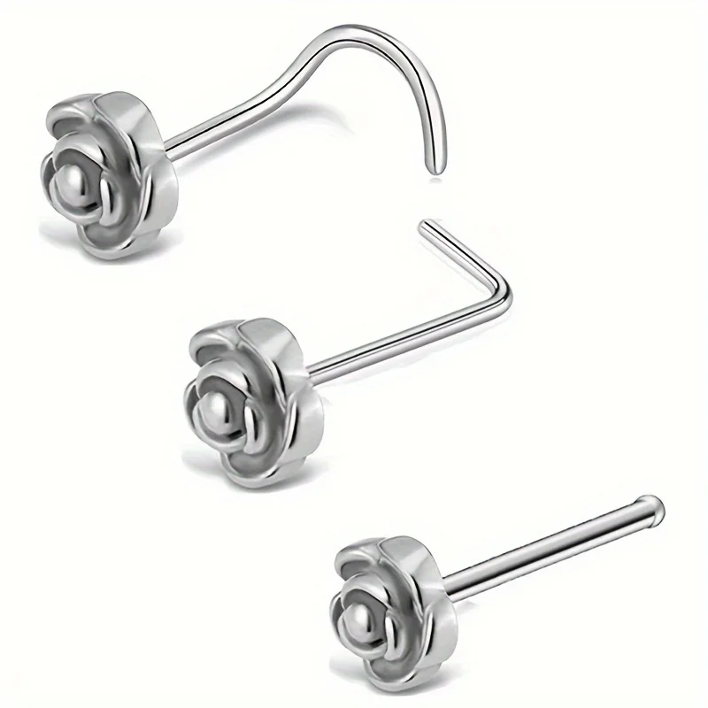 3 Pcs Rose Flower L-Shaped Straight Bend Bar Nose Studs Elegant Simple Style Piercing Jewelry Stainless Steel Sexy Nose Rings