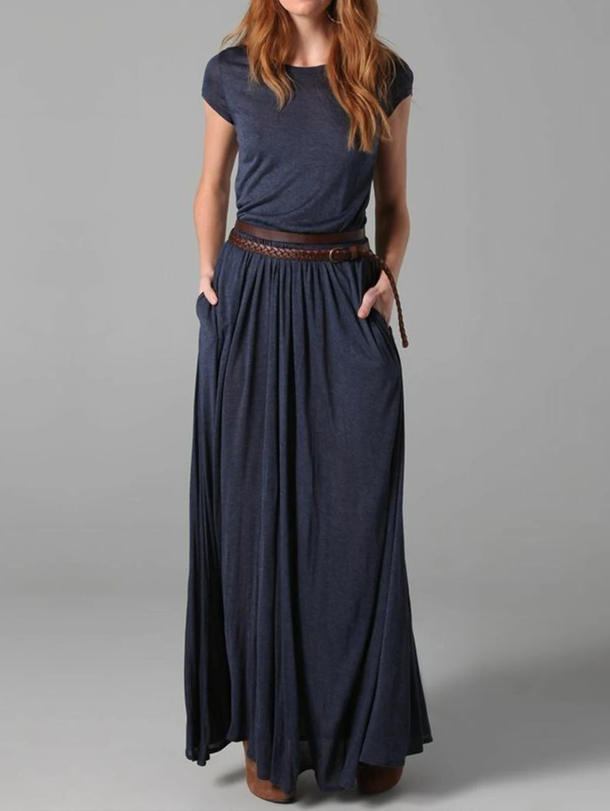 Dames elegante effen kleur ronde hals maxi-jurk effen met zakken lange rok jurken kantoor dame maxi-jurken met korte mouwen