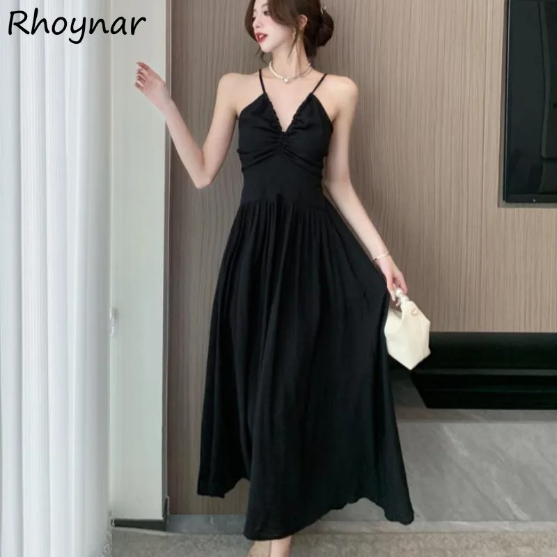 Black Sleeveless Dresses Women Summer Ladies Graceful Temperament Holiday Beach Style Backless Lace-up Sexy Ulzzang Attractive