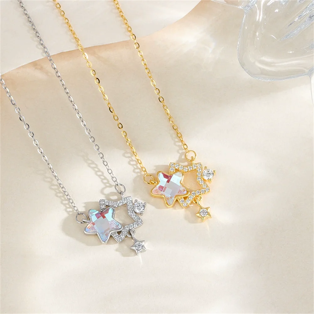 

Korean S925 Necklace - Moonstone Twin Stars, Luxury, Iridescent Women's Collar