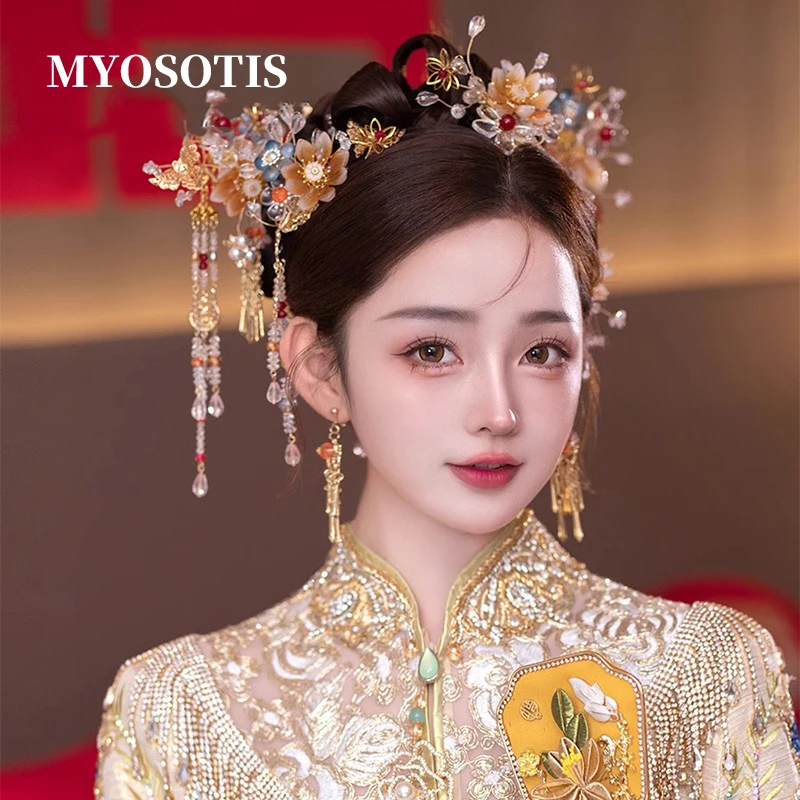 Bride Dragon and Phoenix Dress Champagne Flower Headdress Wedding Xiuhe Clothing Hair Accessories Retro Qipao Hairpins Set