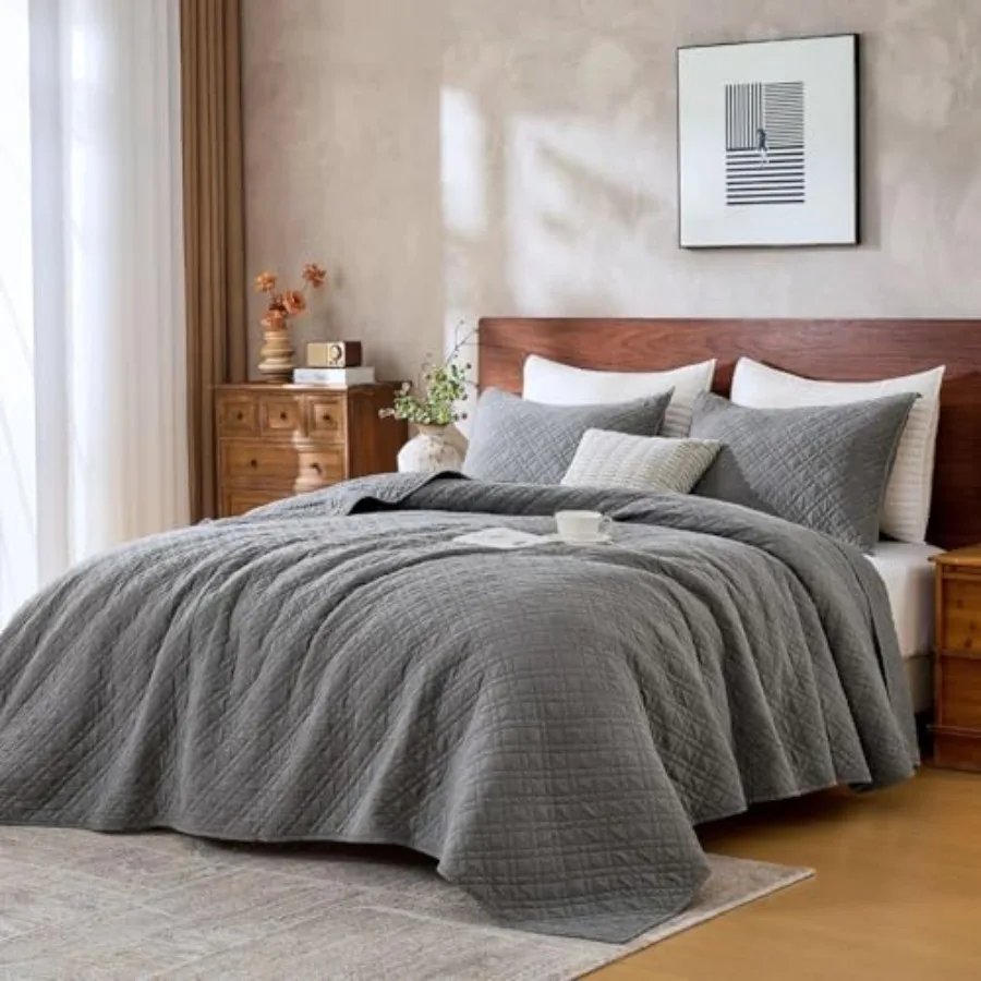 Queen Quilt Set with Shams Lightweight Quilted Bedspread Coverlet Thin Comforter Bed Cover Vintage Washed Quilted Blanket for A