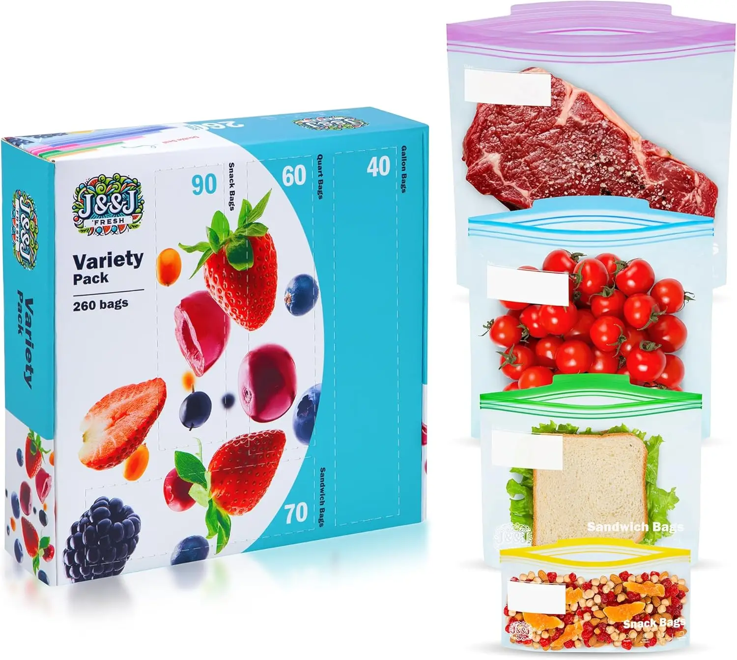 

Многоразовые пакеты для хранения продуктов, набор из 260 штук, от маленьких до галлонных размеров, без BPA, герметичные, с застежкой-молнией, для организации кухни