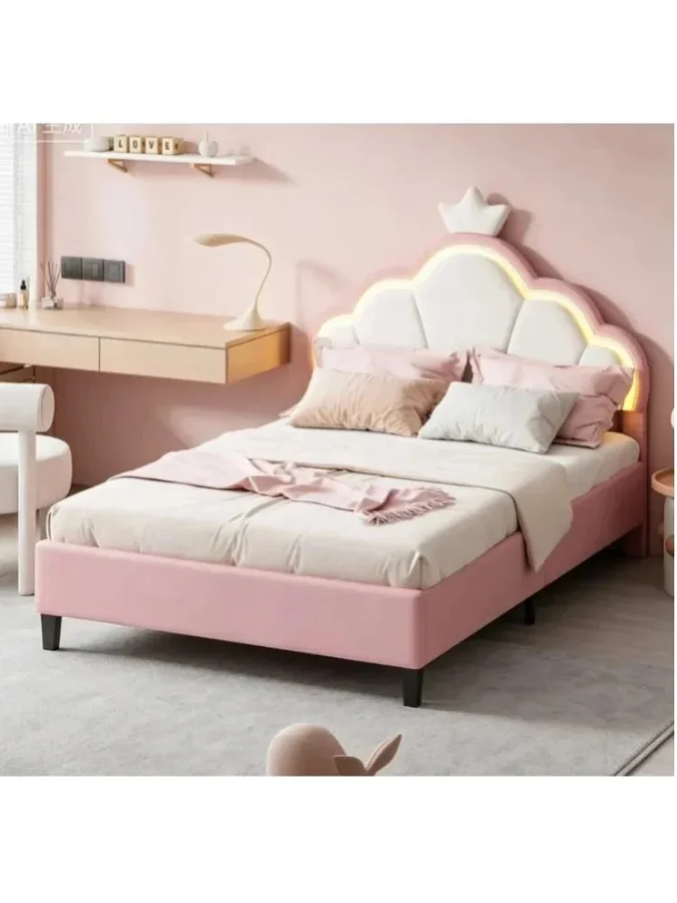 Kinderbett, gepolstertes Bett, 90 x 200 cm, LED-Einzelbett für Mädchen mit Kronendesign und verstellbarem Kopfteil, gemütliches Samtbett für ein fantasievollen Kinderzimmer (90 x 200 cm).