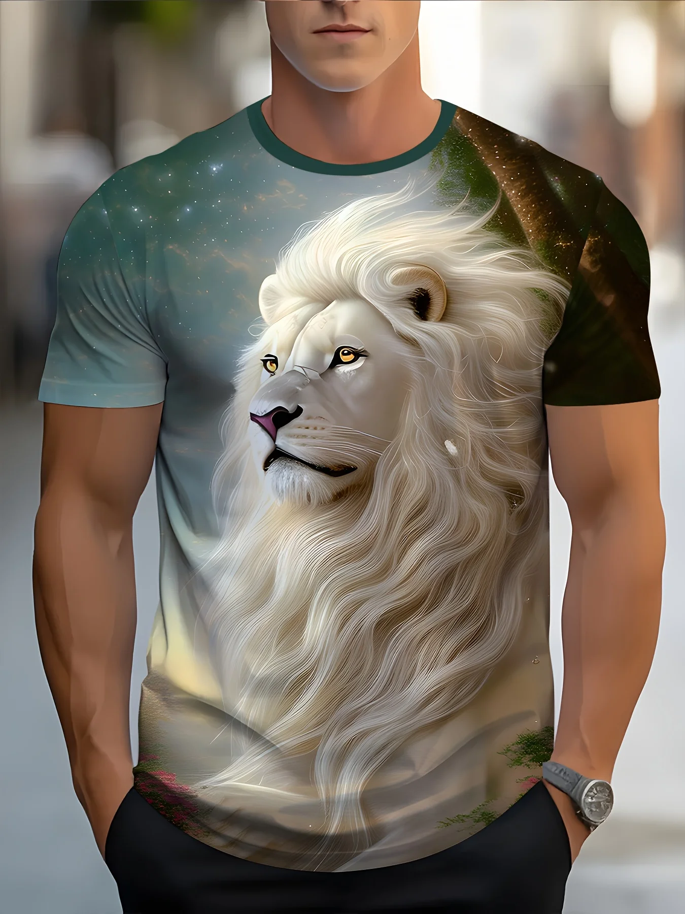 

Мужская модная футболка с круглым вырезом и 3d принтом Majestic White Lion, удобная для повседневной повседневной носки летом