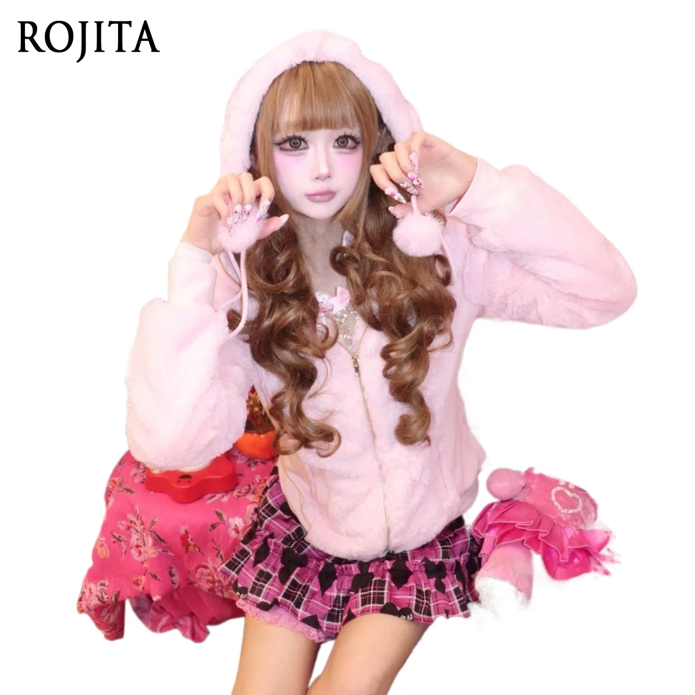 Kawaii Cat Ear Plush Hooded Jacket Women Sweet Pink Faux Fur Coat Plaid Bow Drawstring Harajuku Lolita Casual Winter Outerwear