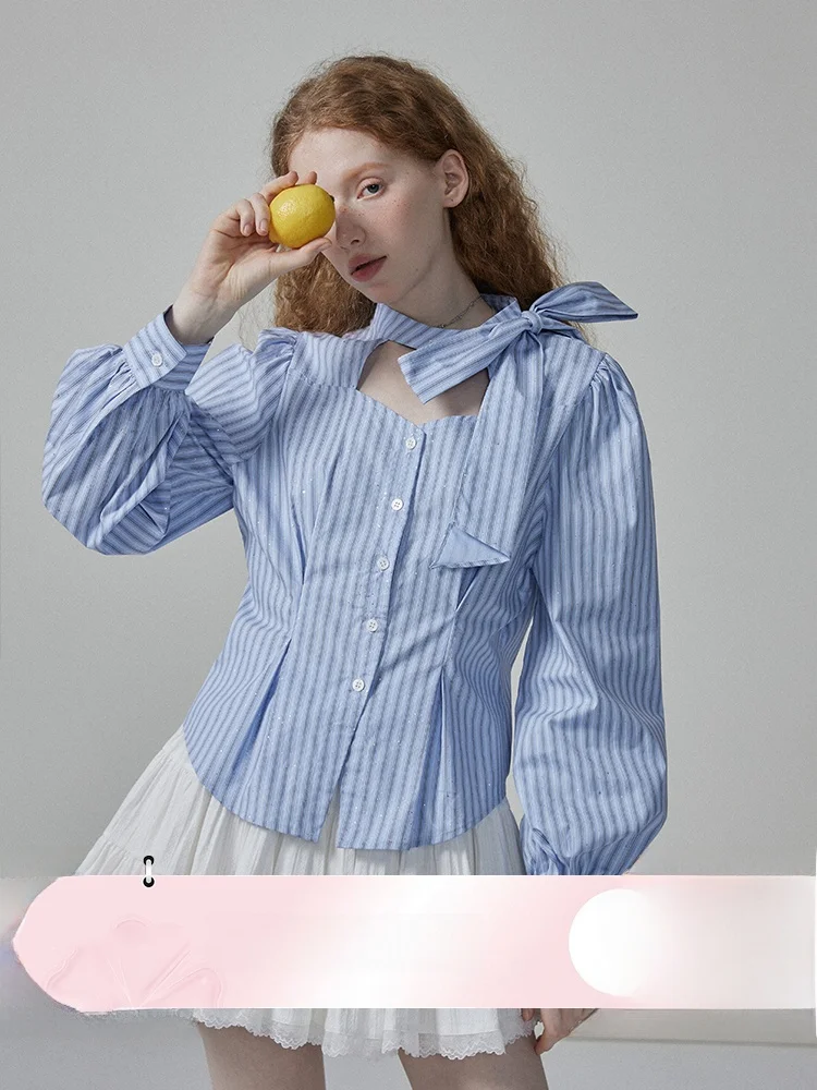 

Женская блузка с длинными рукавами-фонариками и завязками на талии, весенний дизайн, 100% хлопок, приталенный крой, модная