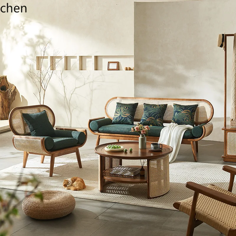 HT Solid Wood Real Rattan Woven Sofa Three-Seater Simple Modern Homestay Rattan Sofa Living Room Leisure Sofa Chair