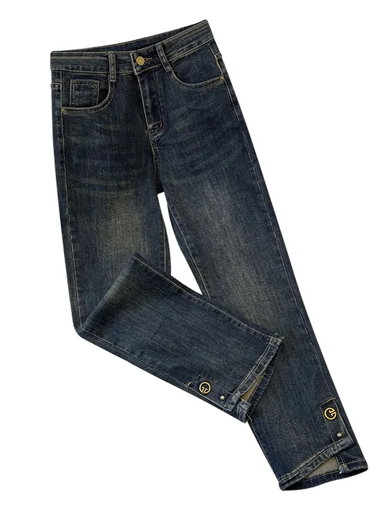 Damskie jeansy z wysokim stanem, dopasowane, z prostymi nogawkami, nowe na wiosnę i lato, w kolorze cementowym, spodnie typu cigarette z rozcięciem, długość 7/8.