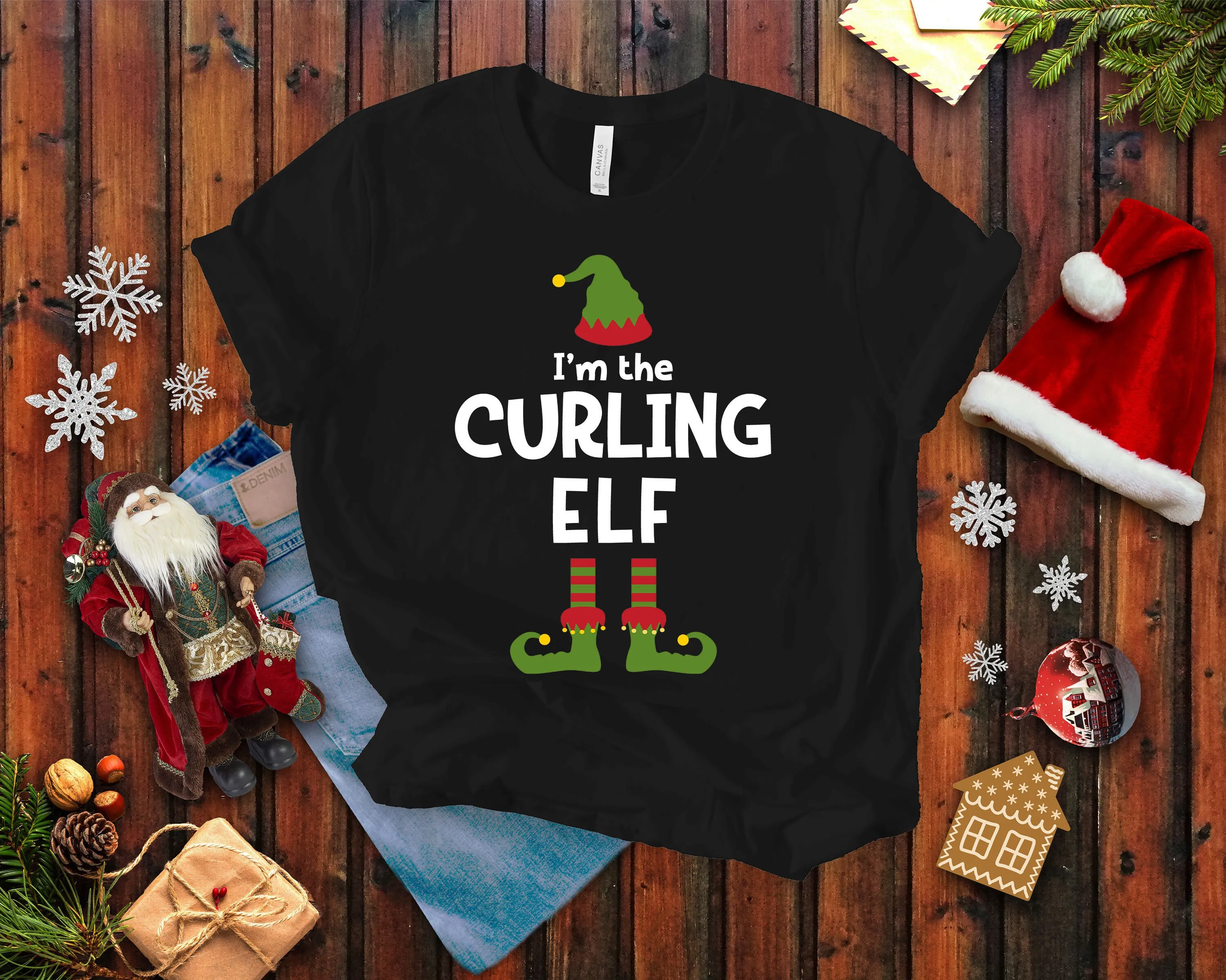 Curling Elf T Shirt Funny Team Christmas Fan Curler