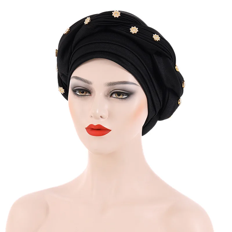 Multilayer Diamonds Braid Turban Caps Women Muslim Headscarf Bonnet Female Headwrap Hat Ready to Wear African Auto Gele Headtie