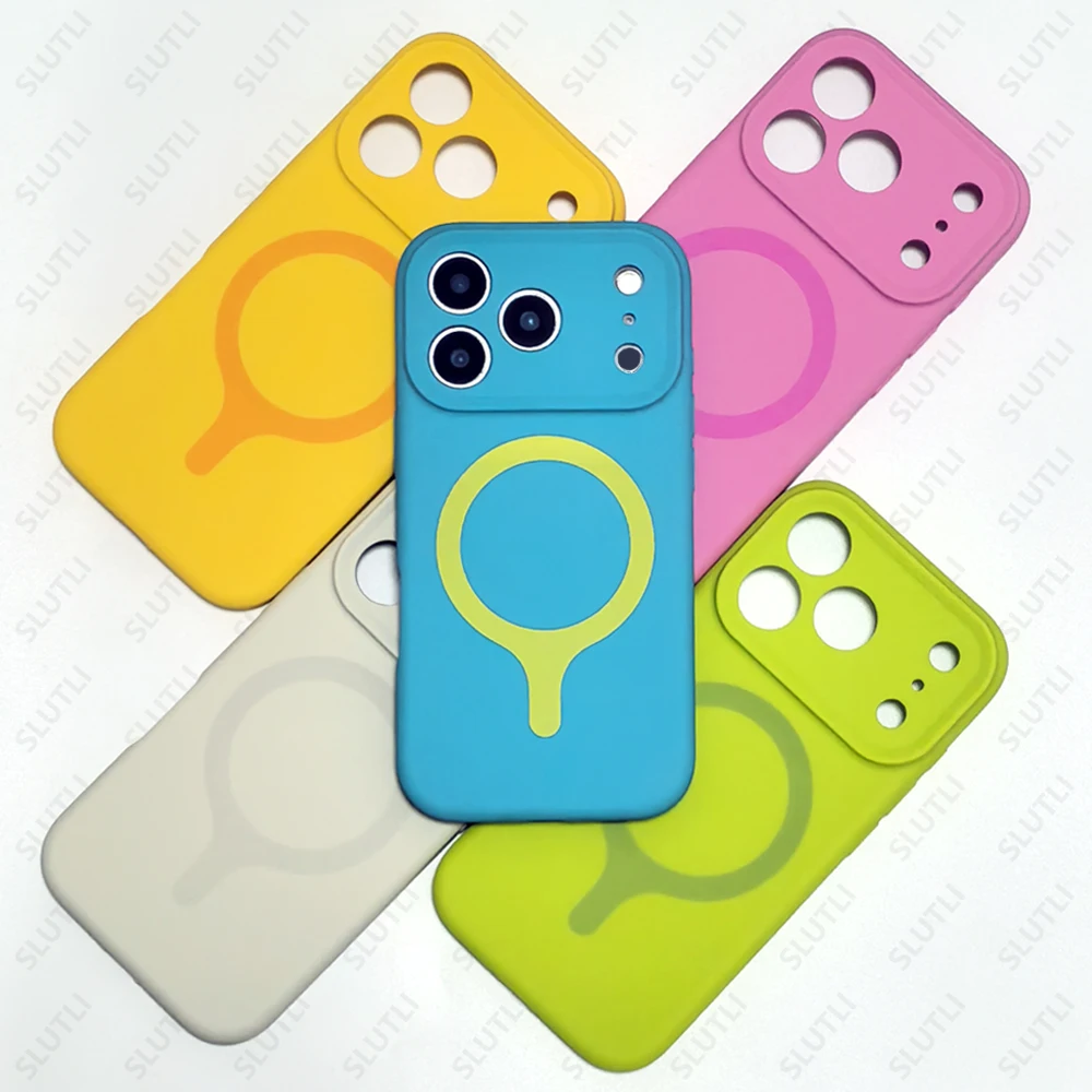 Magnetic Color Blocking  Liquid Silicone Phone Case For iPhone 17 Pro Max 16 Pro Color For Magsafe Fine Pore Phone Case Dopamine