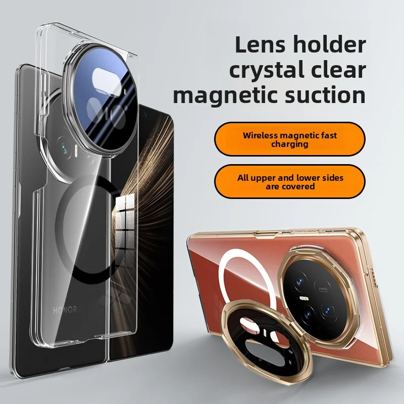 

For Huawei Honor Magic V5 Case Hard PC Transparent Lens Stand Magnetic Magsafe Protective Back Cover For Magic V5 Phone Shell